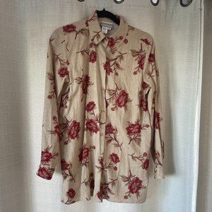 Coldwater Creek  Flax Linen Button Down Floral Blouse